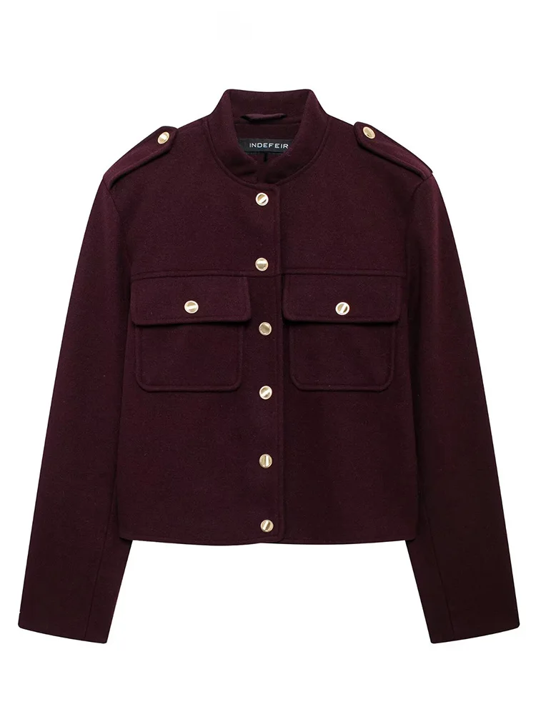 HH Women Bomber Jackets 2024 Trendy Wine Red O-Neck Long Sleeves Pockets Buttons Single Breasted Female Fashion Casual Coats