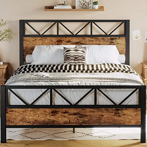 LIKIMIO Queen Bed Frame, Tall Industrial Headboard 51.2 