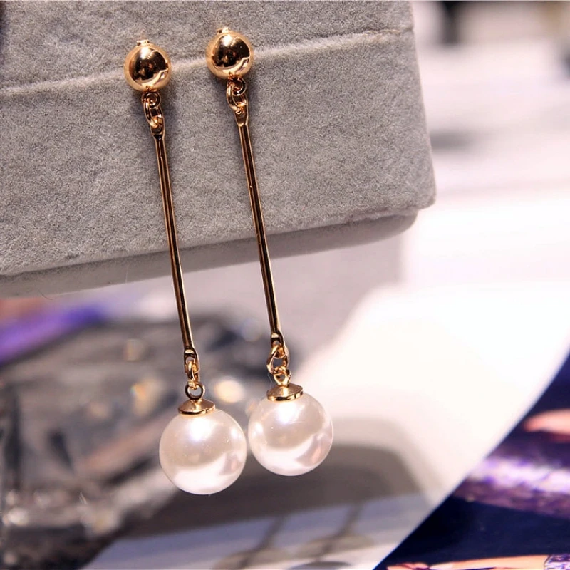 Korean Style Metal Bar Tassel Long Imitation Pearl Drop Earrings for Women Simple Ear Jewelry Trend Creative Accessories