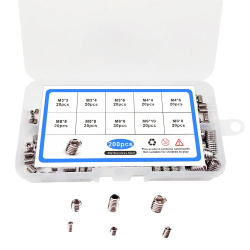 

200PCS/Box M3 M4 M5 M6 M8 Allen Grub Headless Bolt Set 304 Stainless Steel Hexagon Socket Screws Kit with Flat Point Set