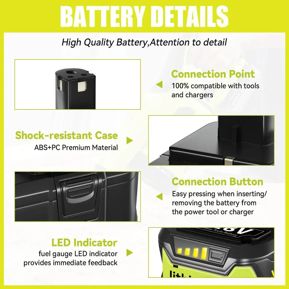 2-pack 18V 7000mAh vervangende batterij compatibel met Ryobi 18V draadloos gereedschap P108 P107 P105 P104 P103