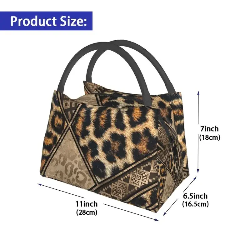 Ethnic Ornaments Brown Animal Leopard Print Insulated Lunch Bags for Women Leopard Skin Resuable Thermal Cooler Food Lunch Box