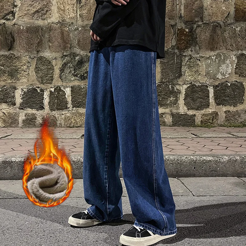 Calça jeans solta de lã de inverno masculina veludo quente cintura elástica perna larga y2k calças jeans retas e confortáveis roupas masculinas de marca