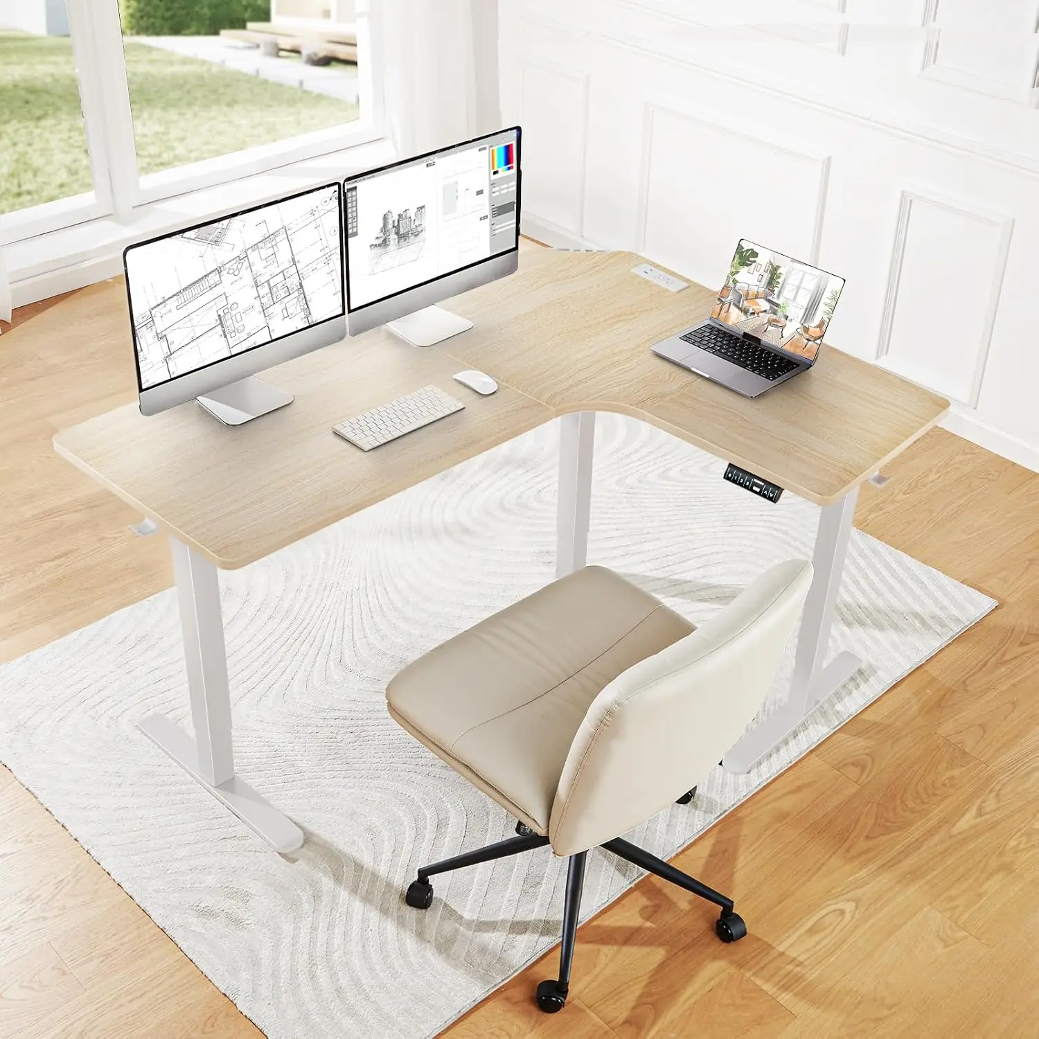 63″ L-Shaped Standing Desk, Built-in Power Outlets, Natural Wood, Customized