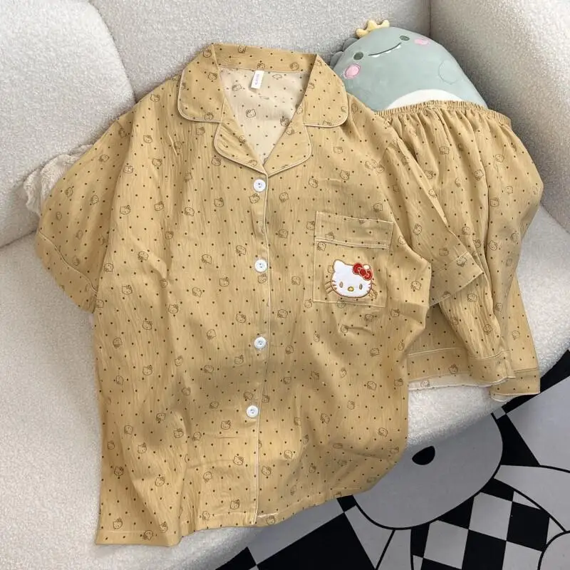 

Комплект пижам Sanrio Hello Kitty для женщин, повседневная домашняя одежда, которую можно носить на улице, милый комплект домашней одежды в горошек с короткими рукавами, комплект для сна, брюки для сна
