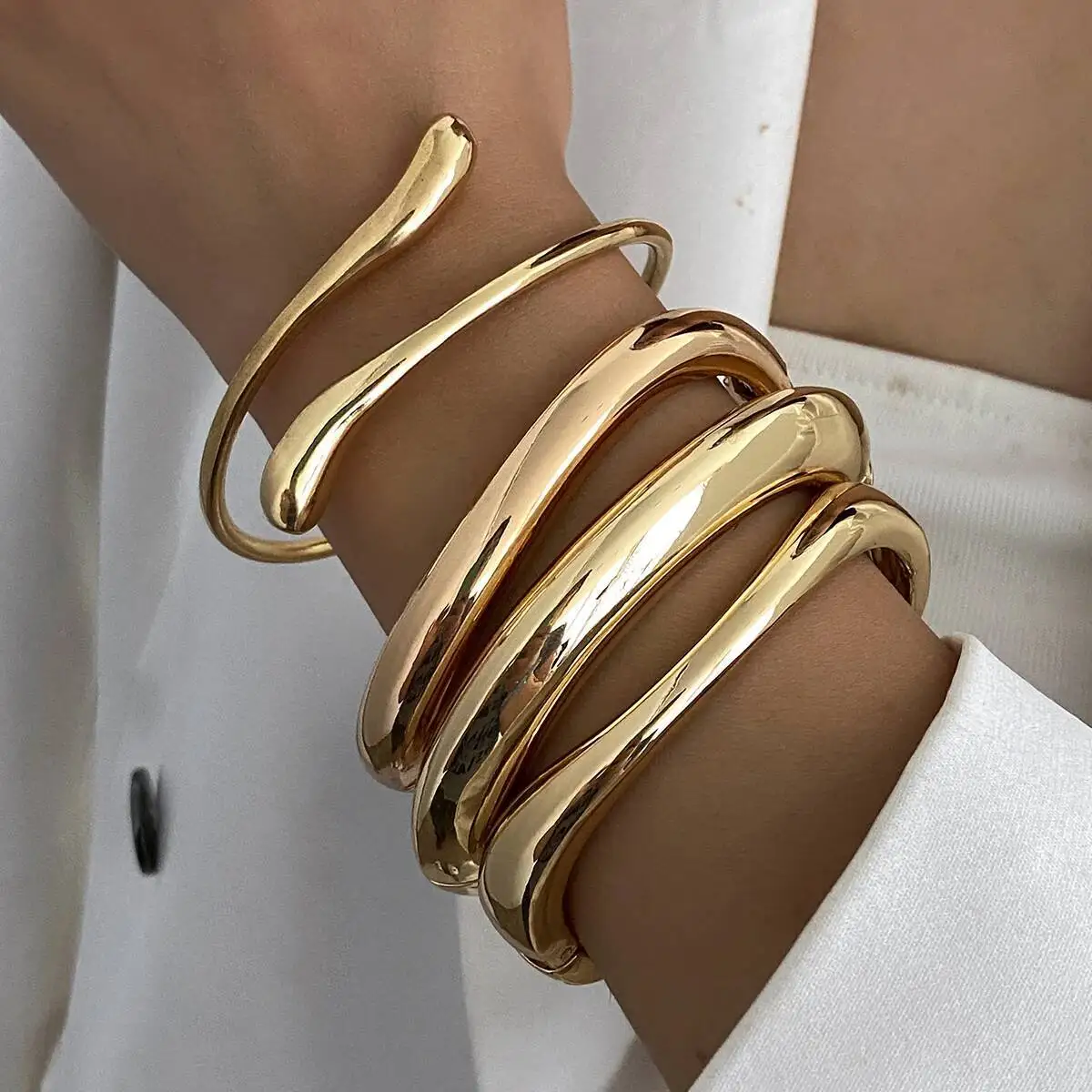 PuRui Minimalism Retro Irregular Geometric Opening Bangles Women Trendy Punk Stacking up Spring Bracelets Femme Charms Jewelry