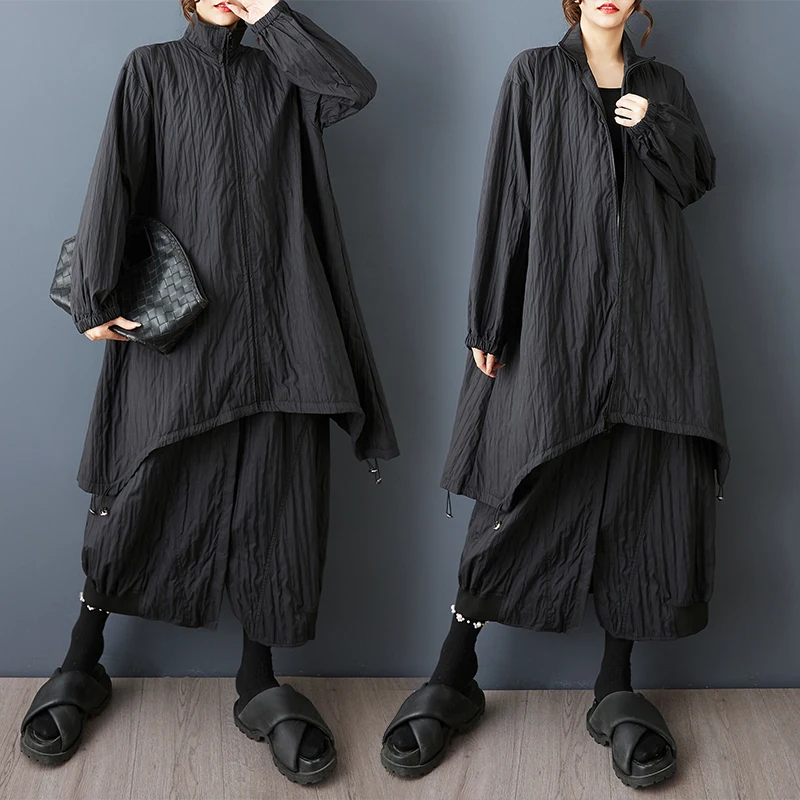 

Осеннее плиссированное свободное пальто миди на молнии с воротником-стойкой и юбкой большого размера, комплект повседневного женского ансамбля