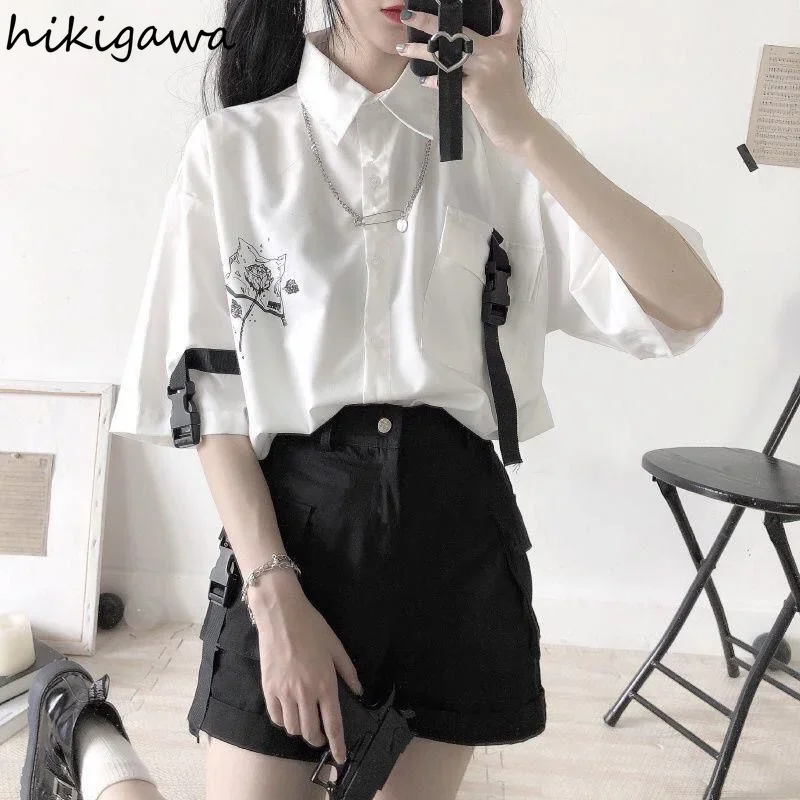 Japanese Two Piece Set for Women Short Sleeve White Shirt Wide Leg Overalls Shorts Suit Roupas Femme Fashion Summer Y2k Sets