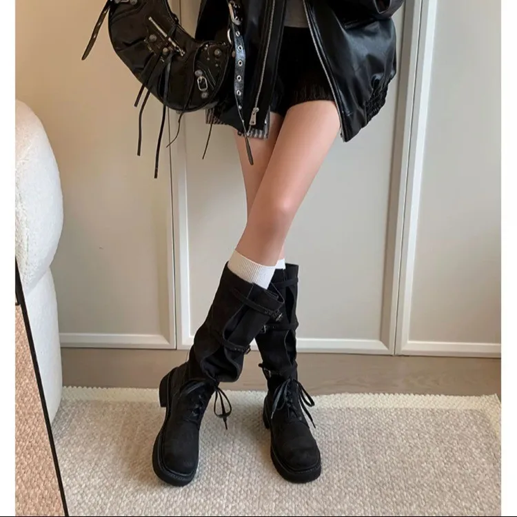 Designer Women's Boots Autumn Platform Lace Up Knight Boots New Round Toe Belt Buckle Knee High Boots for Women Motercycle Boot image 3