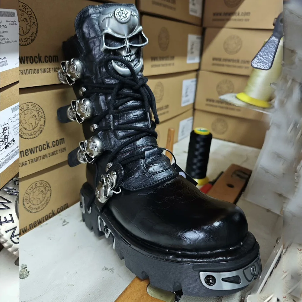 Fashion Genuine Leather Men's Motorcycle Boots Round Toe Mid-calf Skull Devil Goth Punk Metallic Buckle Western Combat Boots