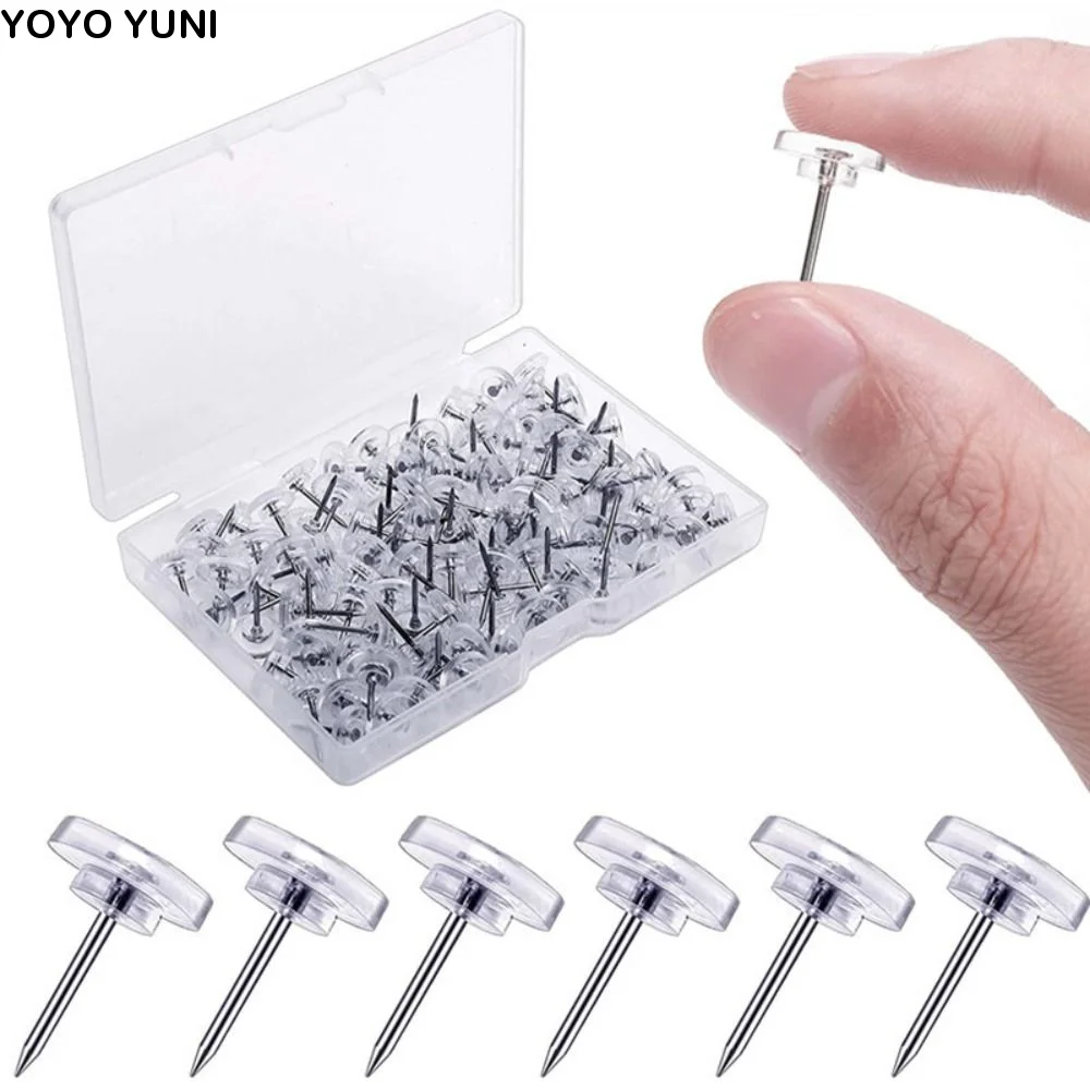 

100Pcs DIY Transparent Push Pins Reusable Multifunctional Thumb Tacks Durable with Box Round Head Nail School Stationery