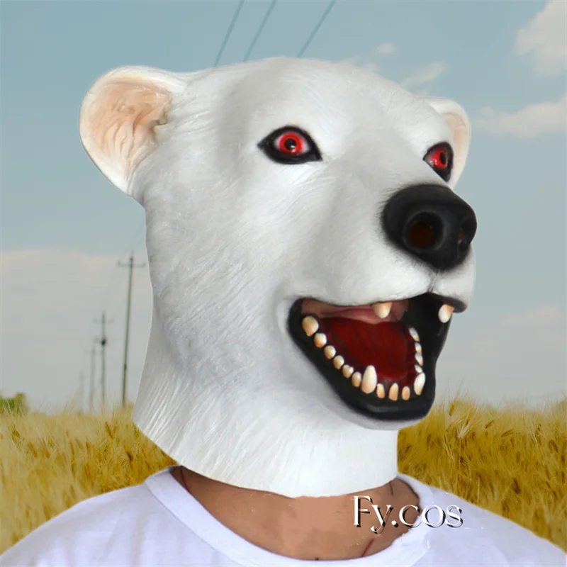 Traje Urso Branco Engraçado Anime Urso Polar Máscara de Látex para Homens Animal Full Face Mascara Assustador Halloween Rave Festival Outfit Mulheres