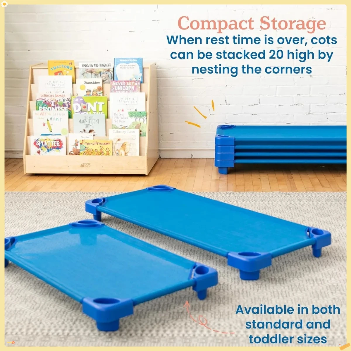 Berço empilhável para crianças, pacote com 6, pronto para montar, azul, tamanho em sala de aula