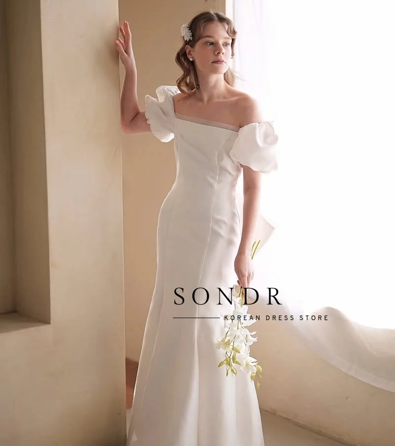 Sondr – robe de soirée de mariage élégante, Semi-sirène, personnalisée, longueur au sol, manches bouffantes, Corset au dos, robe de mariée, séance Photo