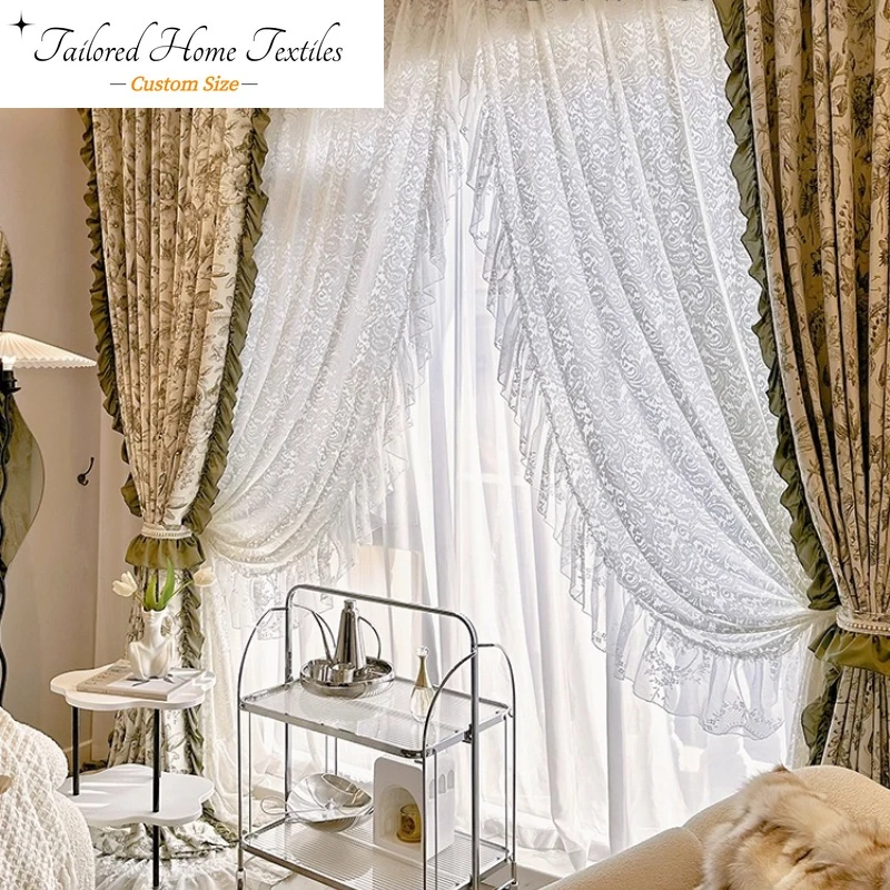 

Custom Size French Romantic American Pastoral Chenille Jacquard Vintage Green Lace Curtains for Living Dining Room Bedroom