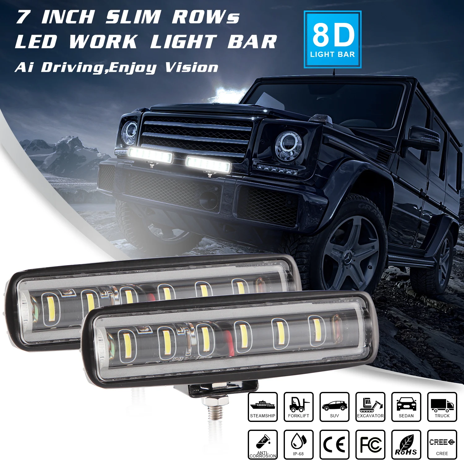 

7 inch 8D Ultra Slim LED Work light Bar Driving Fog Lamp led bar for Offroad SUV ATV Tractor Trucks Boat Combo Beam 12V 24V