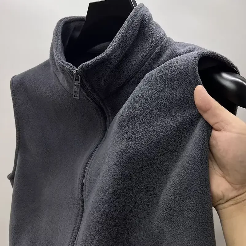 Men's Autumn/Winter Thickened Zip-Up Stand Collar Vest Solid Color Fleece Cardigan Jacket Double-sided Australian Fleece Tank To