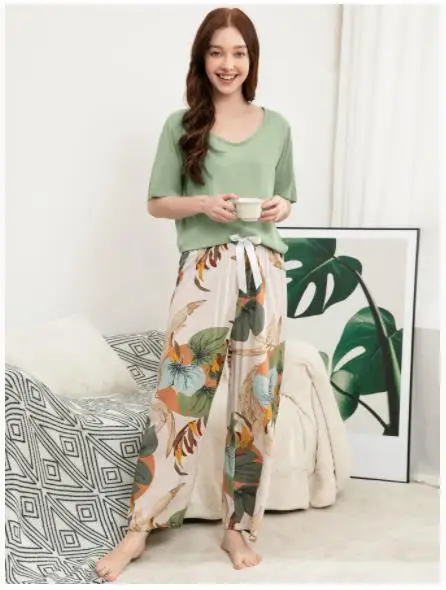 Breathable 2PCS Pajama Short Sleeve Printed Pijama Mujer Femme Loose Nightwear Suit Female Casual Homewear Pajama Set For Women 5