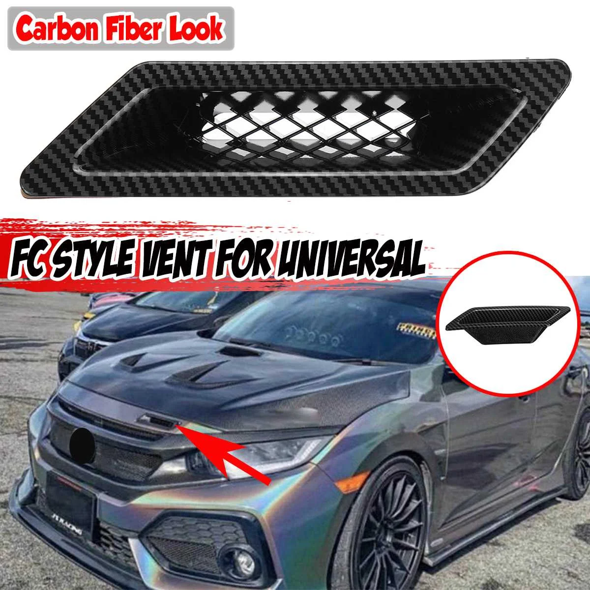 Glossy Black FC Style Universal Car Front  Bumper Hood Vent Air Out 2016-2021 For HONDA CIVIC 4 DOOR SEDAN FK4 FK7 5DR HATCHBACK