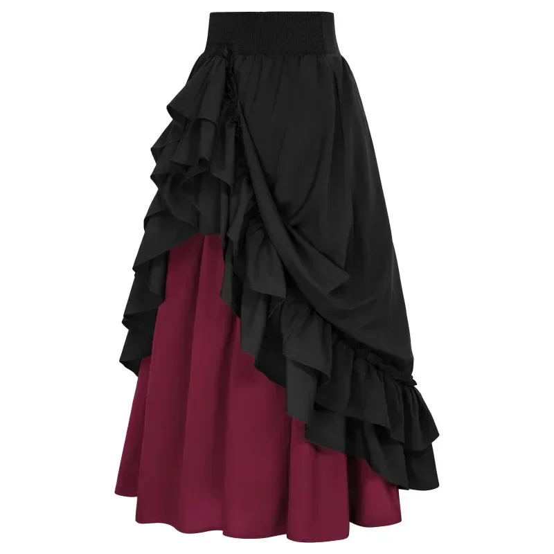 Ladies Halloween Costume European and American Court Style Retro Ruffled Wood Ear Edge Draw Rope Matching Color Large Hem Skirt