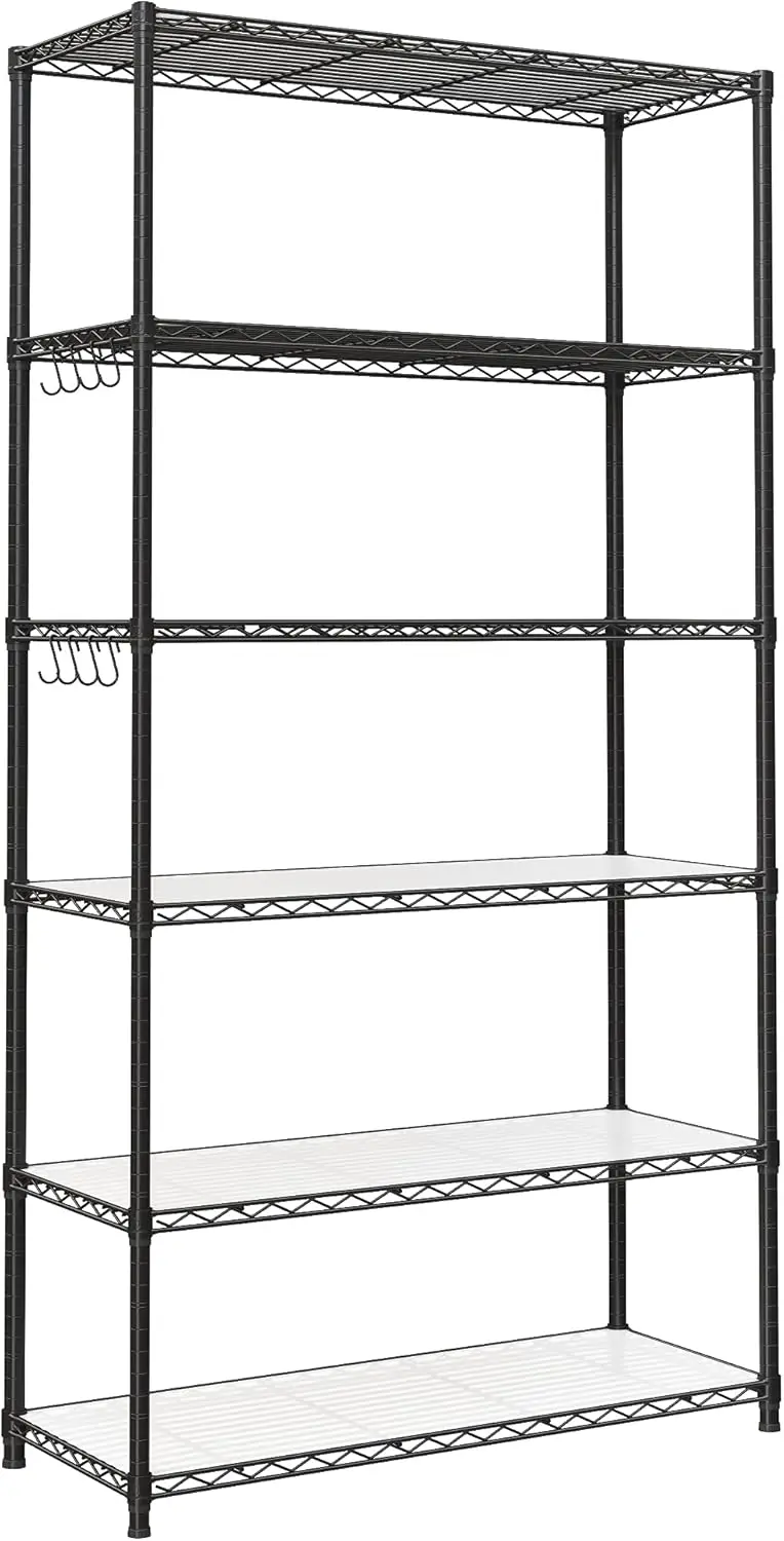 

6-Tier Adjustable Metal Storage Shelves with Hooks and Liners, 1500 lb Capacity, Black, for Garage and Kitchen