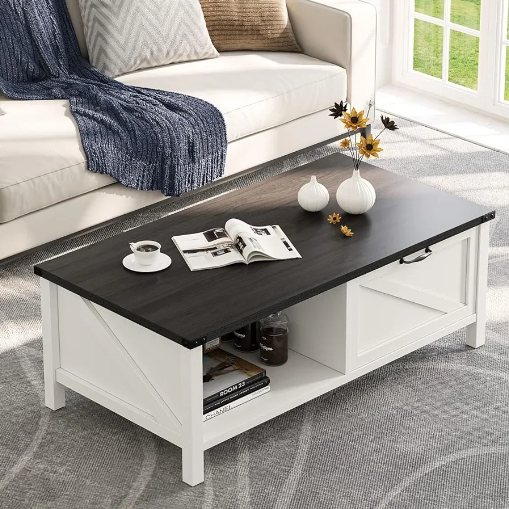 Mid Century Modern Coffee Table With Cabinets and 2-Tier Storage Open Shelf Side Table Living Room Tables Office White & Grey.