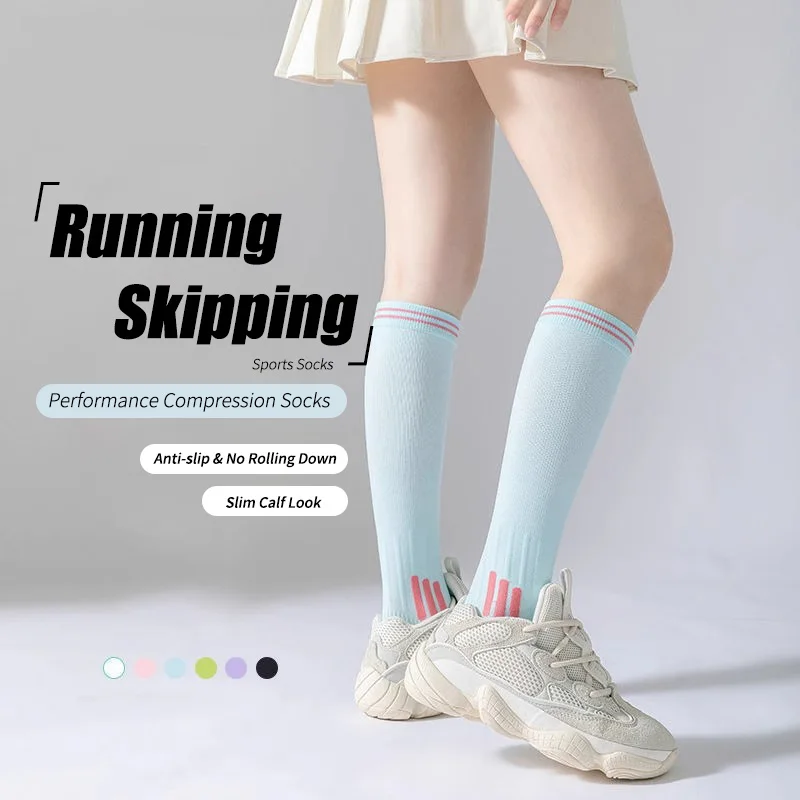 Womens Gradient Compression Knee High Socks Breathable Anti Slip Sports Calf Socks for Fitness Running Jump Rope Yoga