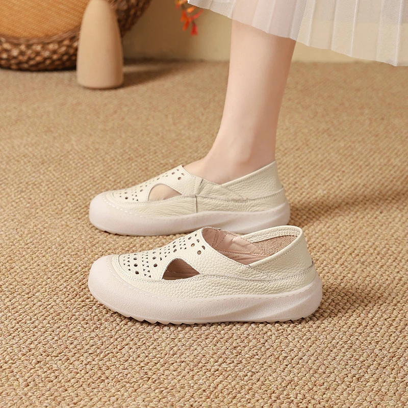 Mori Girl Perforierte Schuhe aus echtem Leder für Damen, faltbare Ballerinas mit Ausschnitt, klobige Loafer, gewellte, atmungsaktive Mokassins – Detail 4