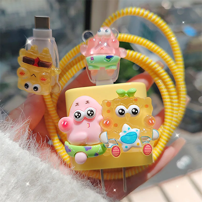 SpongeBob Patrick Star For Iphone Ipad Charger USB Cable Case Cover Protector,Silicone 3D Cartoon Cable Winder Kids Funda