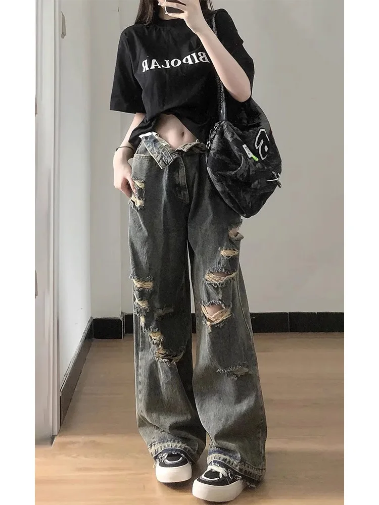 

Рваные джинсы с высокой талией и принтом тай-дай, женские летние винтажные прямые брюки с широкими штанинами длиной до пола, повседневные брюки