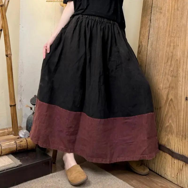 Nova primavera verão artes estilo feminino cintura elástica solta saia longa all-matched casual retalhos algodão linho a linha saias ht66