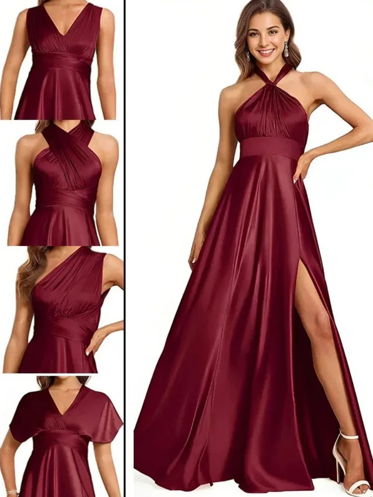 Vestido de dama de honor Convertible de línea a de satén, longitud hasta el suelo, cuello en V, Halter sin mangas, espalda descubierta Simple, vestidos largos hasta el suelo con abertura