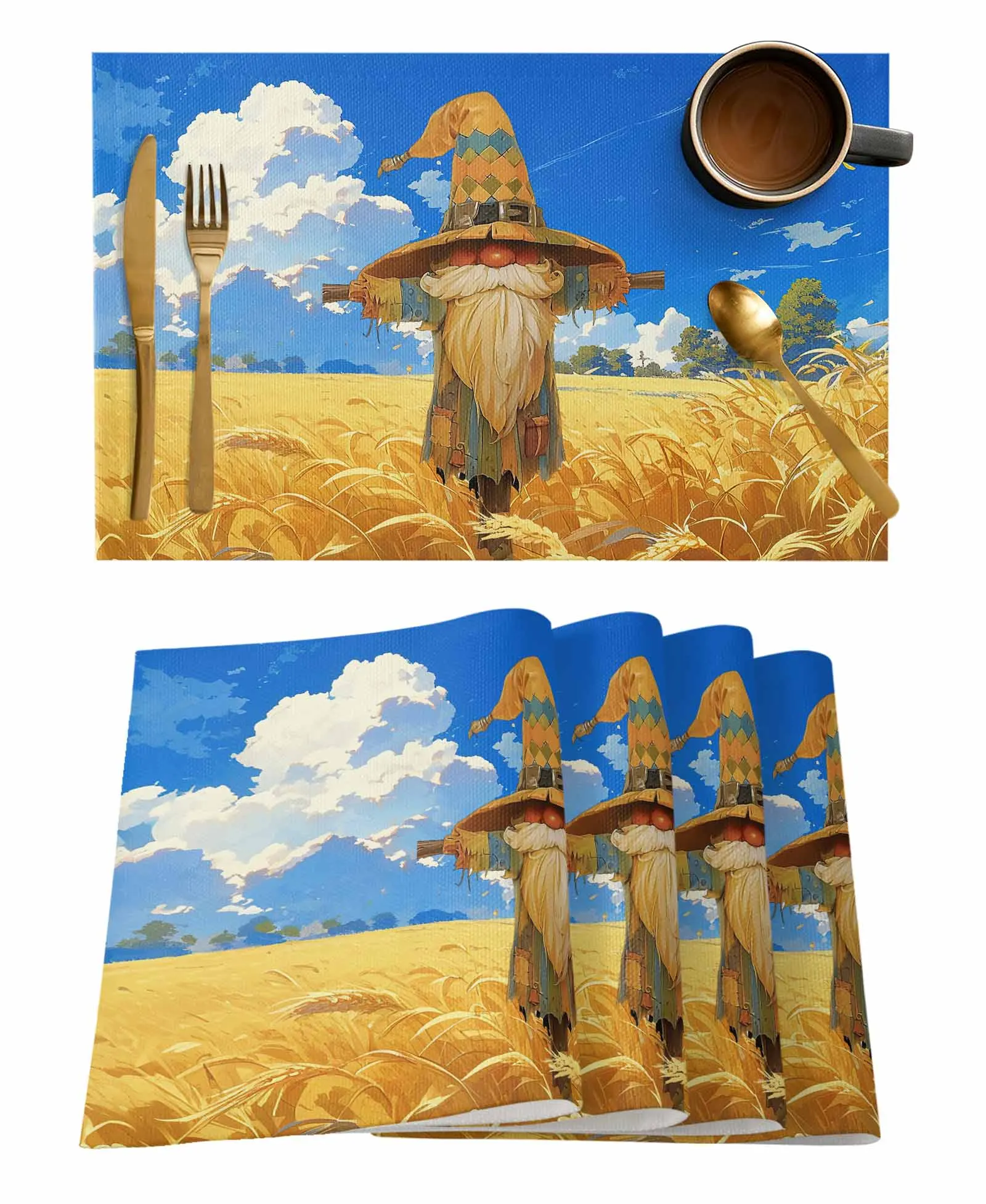 Autumn Harvest Wheat Field Dwarf Scarecrow Table Runner Home Wedding Table Mat Centerpieces Decoration Dining Long Tablecloth