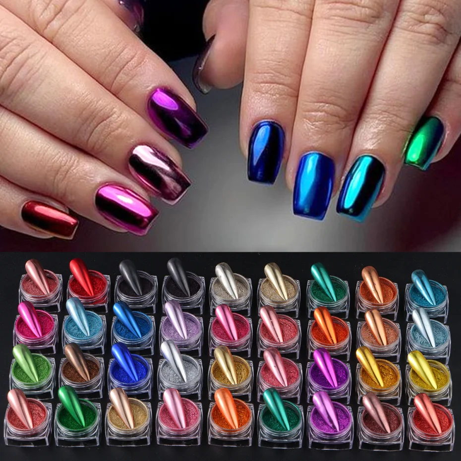 36 Box Super-Bright Metallic Mirror Nail Powder Set Y2K Chrome Pigment Flakes Fine Glitter Rubbing On Dust Manicure Decoration