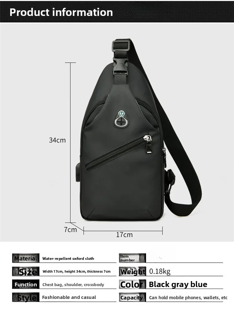 New Casual Men's Chest Bag, Fashionable and Versatile USB Crossbody Bag, Water-resistant and Large-capacity Single-shoulder Bag