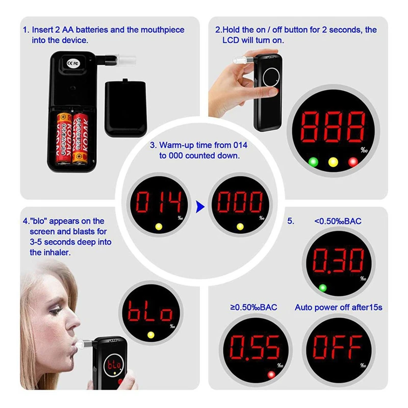 Portátil do álcool bafômetro com Display Digital, álcool Respiração Tester, Grau Precisão, 10 bocais