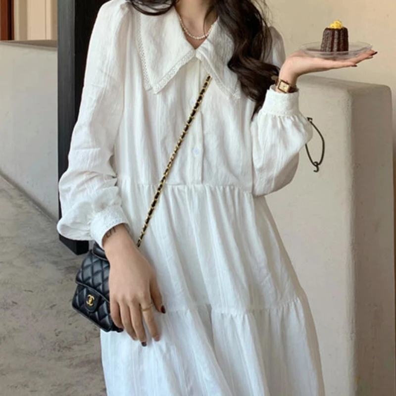 HOUZHOU Elegant Party Dresses for Women Sweet White Long Dress with Sleeves Vintage Folds Vacation Midi Dress Bohemian Chic