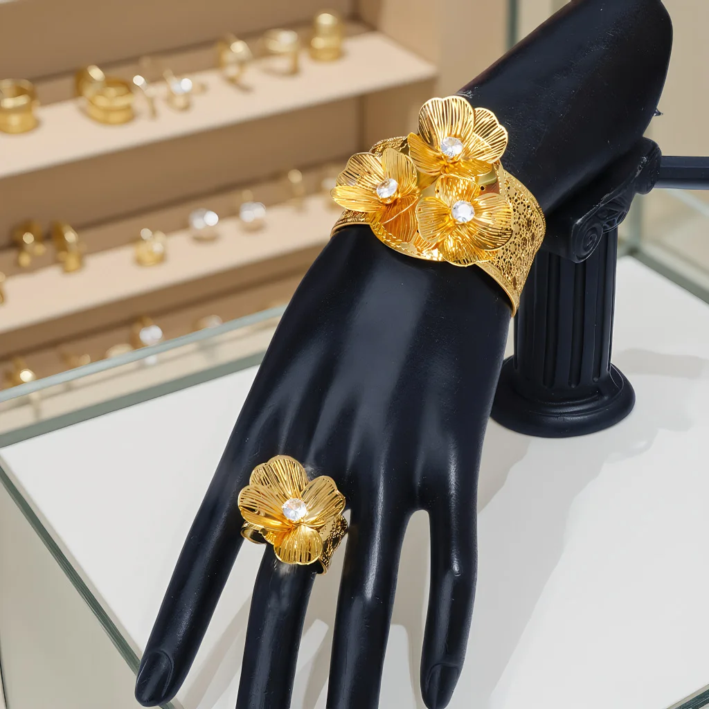 New EU Dubai Fashion 24K Gold Plated Ring Bracelet Exquisite Engagement Party Jewelry Set for Lovers