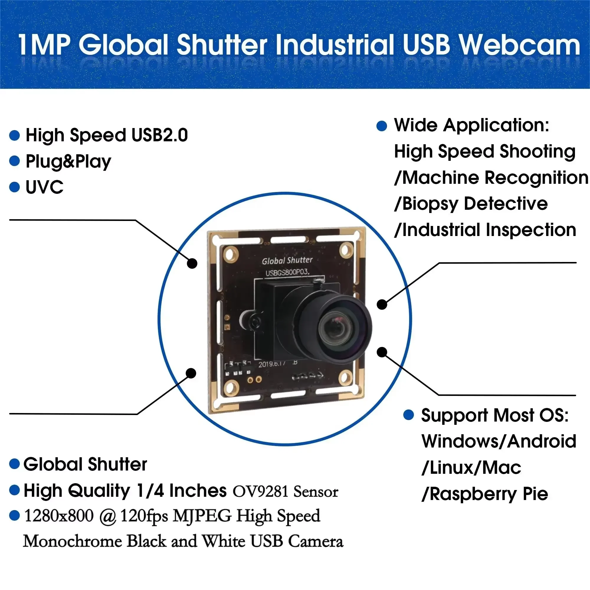 ELP Global Shutter 1280x800 120fps Modulo fotocamera USB ad alta velocità OV9281 Webcam USB monocromatica per acquisizione ad alta velocità