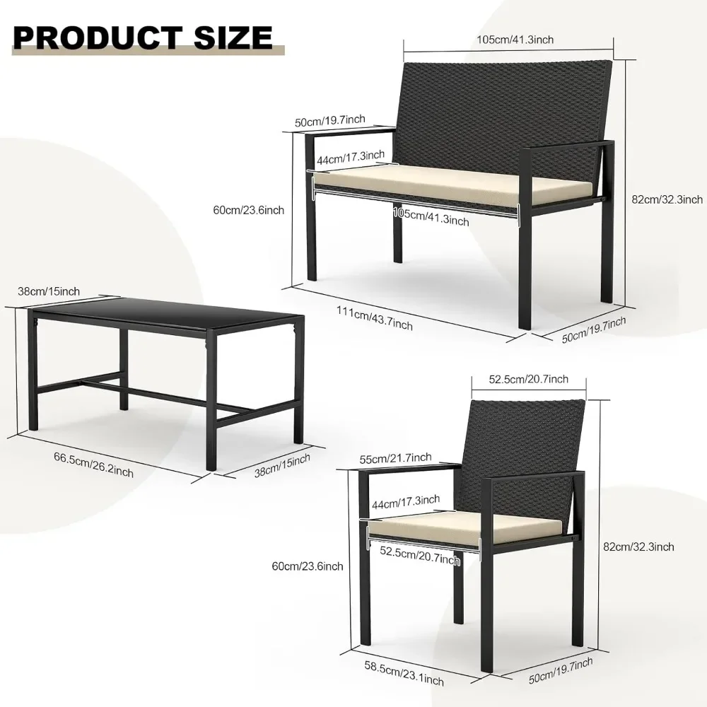 Outdoor Conversation Furniture, includes 2 Rattan Chairs and 1 Loveseat, 1 Tempered Glass Table, with Extra Cushions