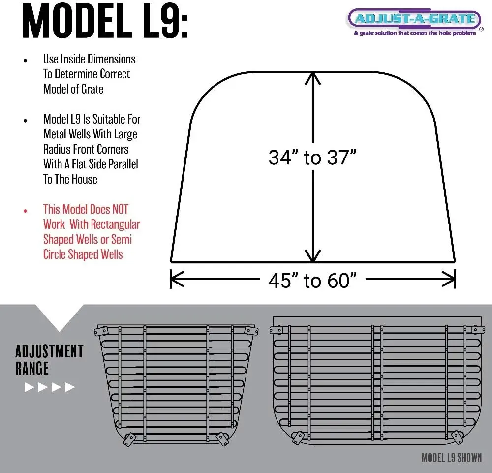 Well Grate-Fits Metal Window, Well Grate com grandes cantos frontais de raio, L9, 34 "-37" D x 45 "-60" W