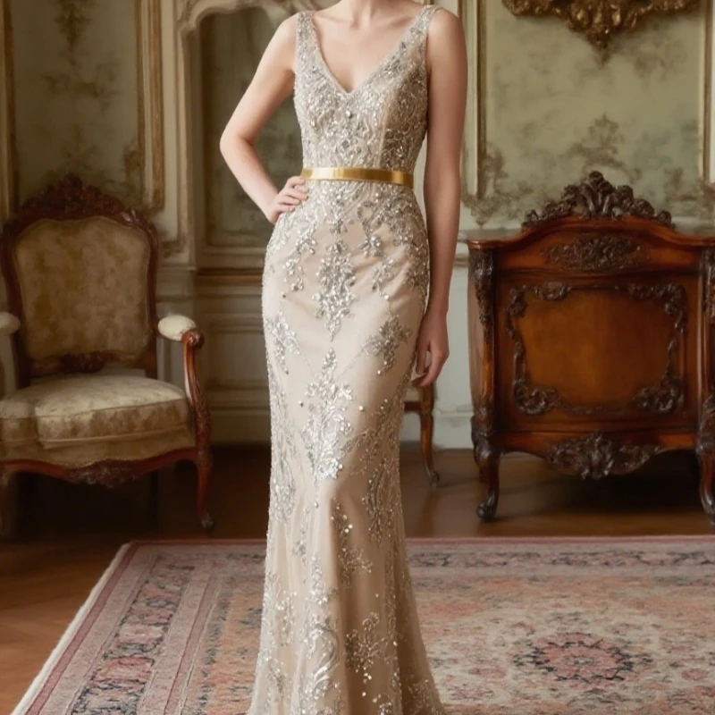 

Sexy Mermaid Wedding Guest Dress Floor Length V Neck Sleeveless Sparkle Sequin Mother of the Bride Gown Customized