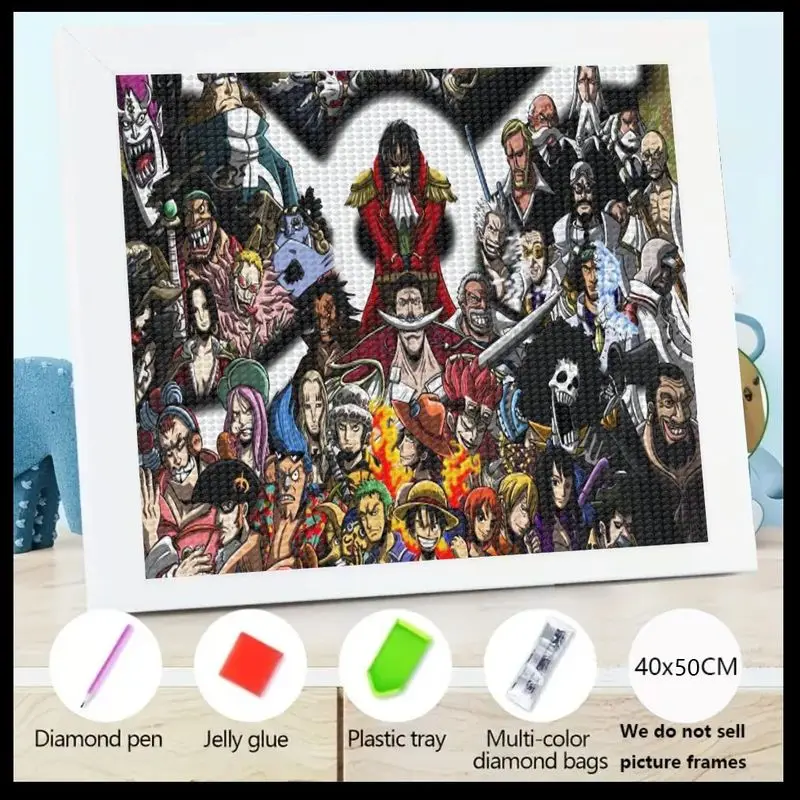1 szt. Popularny zestaw do malowania diamentami z anime One Piece, 5D pełny zestaw do samodzielnego wykonania, kryształowe malowanie dużymi kamieniami, epickie postacie z Grand Line, Gat