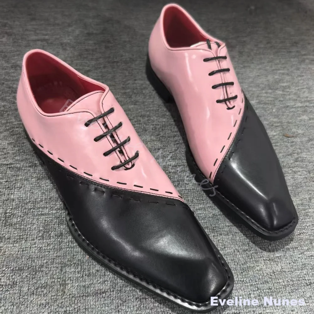 Men Pink Black Patchwork Oxford Shoes Square Toe Lace Up Hand Stitching Fashion Footwear Wedding Business Formal Dress Shoes