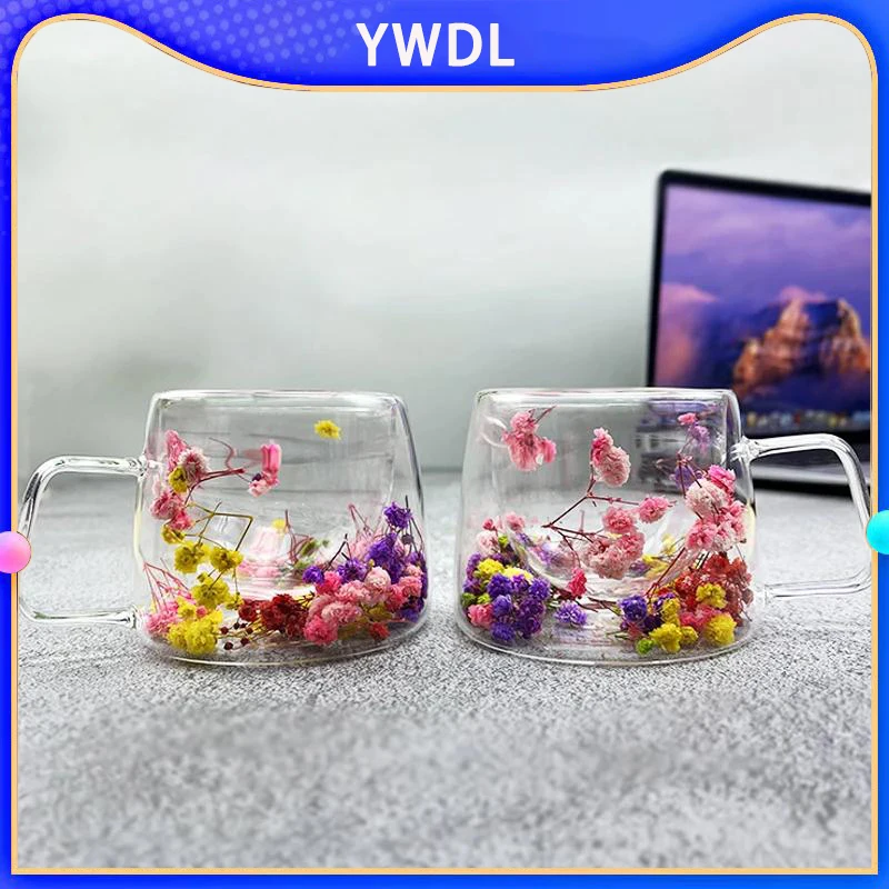 YWDL 180ml Double Wall Coffee Mug Heat-resistant Espresso Cup Clear Glass Cup For Cappuccino Tea Water Drinkware Gift Flower Des