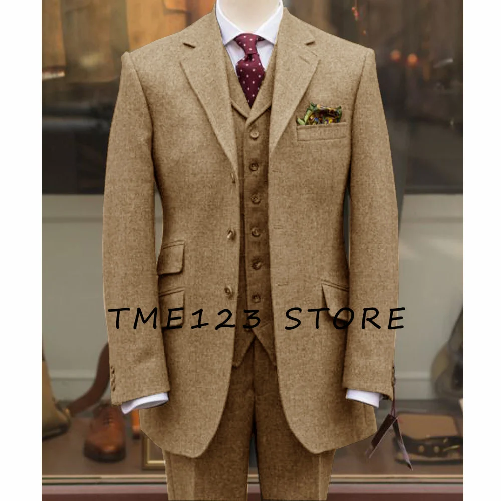 Men's Woolen Three-piece Suit Casual Business V-neck Single-breasted Fashion Wedding Suit for Men Mens Suits 3 Piece Prom Full