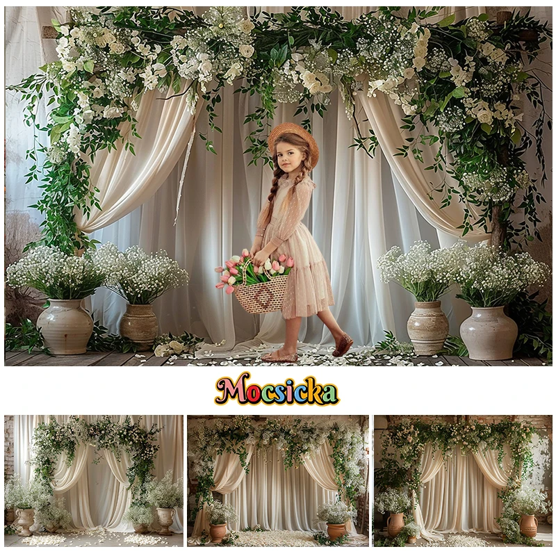 

Mocsicka Photography Background Spring Floral Arch White Drape Wedding Adult Child Artistic Portrait Decor Backdrop Photo Studio