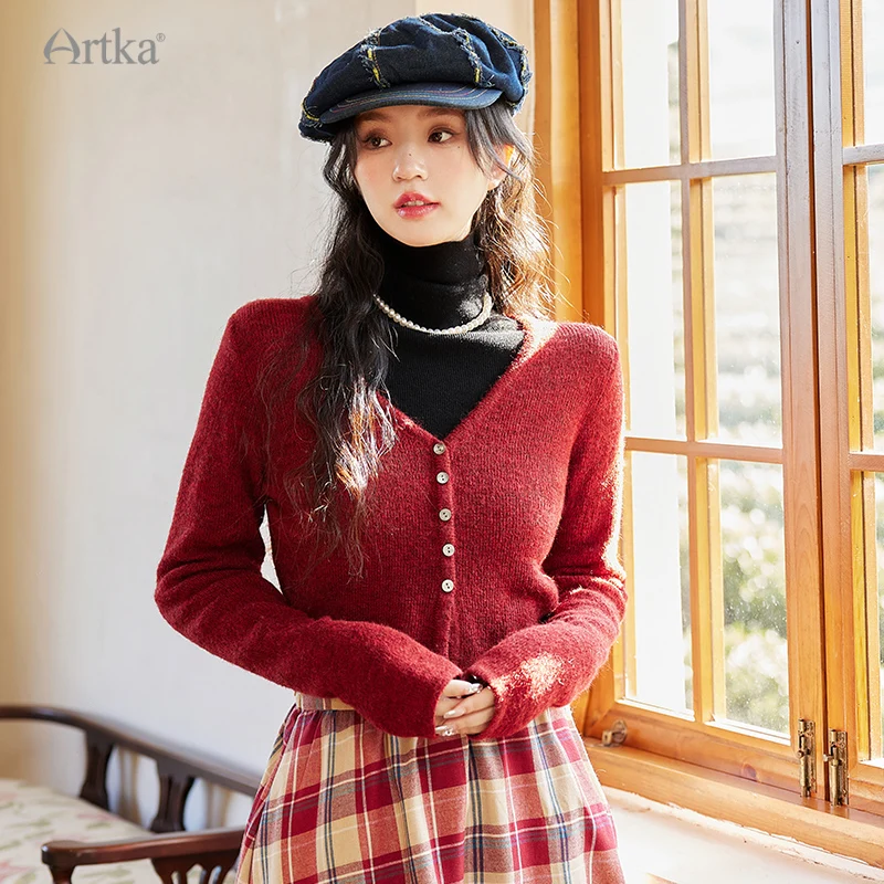 ARTKA 2023 Autumn New Women Cardigan Elegant Vintage Red Wool Sweater Top Long Sleeve V-Neck Short Cardigan Coat WB92238Q