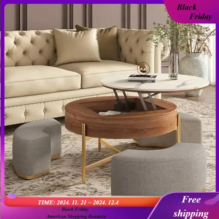 Lift Top Coffee Table Set, Round Marble Coffee Table with Storage and Nesting Ottomans