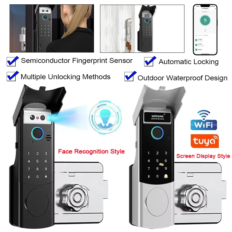 

Умный дверной замок Tuya с Wi-Fi, отпечатком пальца, водонепроницаемый, с домофоном, распознаванием лиц, кодом, RFID-картой, защитой от кражи и дверным звонком